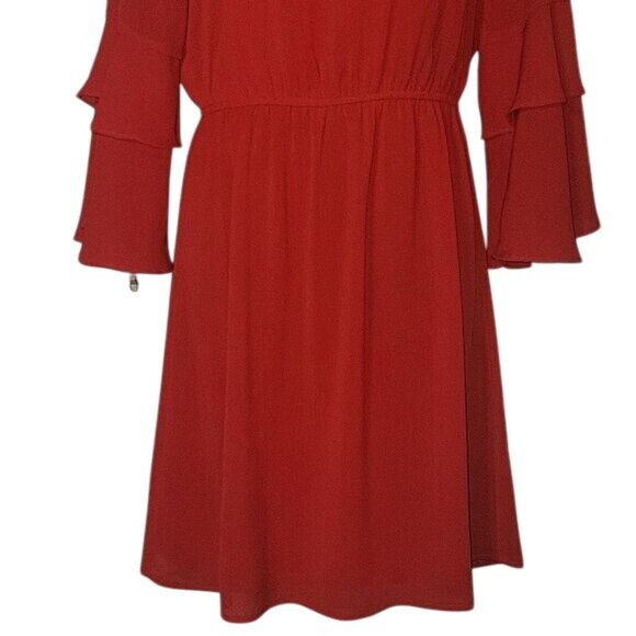 Crochet Neck Red Dress With Ruffled Sleeves By Skies Are Blue Size 8 Elegant & F - Picture 4 of 6